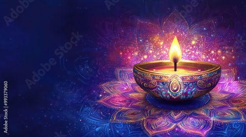 Oil lamp on purple background with lotus mandala pattern, Diwali festival