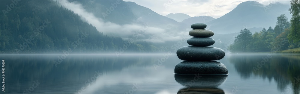 Balanced stones on serene lakeside with misty mountain background Balanced stones on serene lakeside with misty mountain background