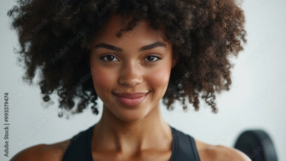 woman with curly hair Wear exercise clothes in the gym. Have a bright pink smiling face, indicating good health and good mood. woman with curly hair Wear exercise clothes in the gym. Have a bright pink smiling face, indicating good health and good mood.