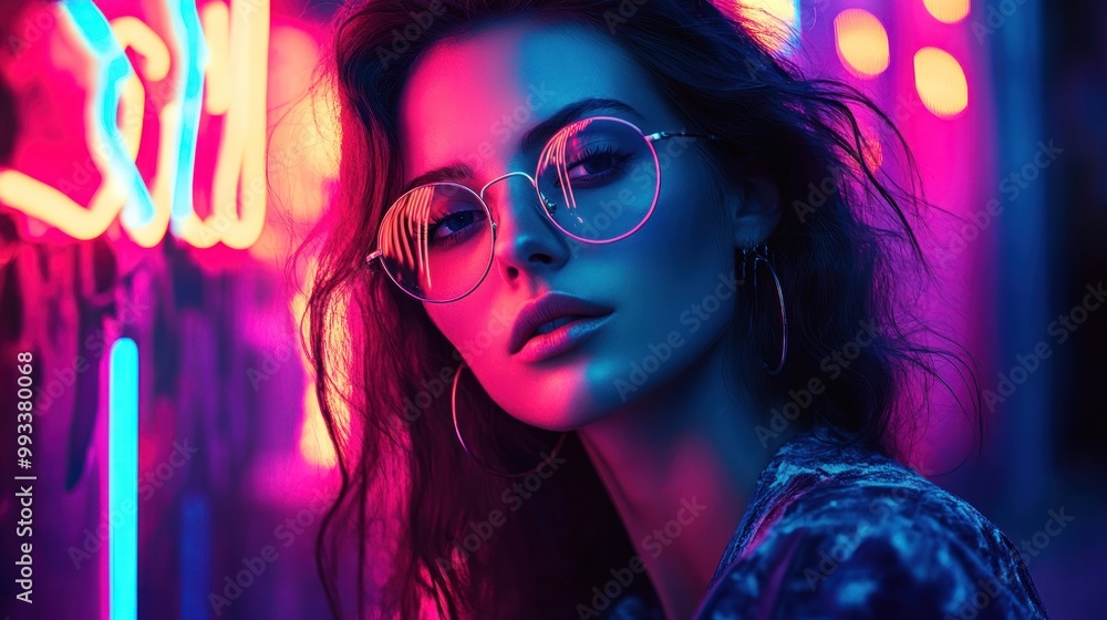 Close-up portrait of a young woman with round glasses, illuminated by bright neon lights. Close-up portrait of a young woman with round glasses, illuminated by bright neon lights.