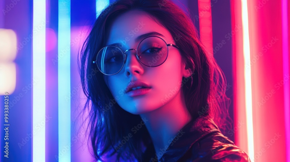 A woman with dark hair wearing round glasses, illuminated by colorful neon lights. A woman with dark hair wearing round glasses, illuminated by colorful neon lights.