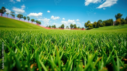 Rich green grass stretches across the perfectly manicured landscape, with lines of precision-cut stripes defining the soccer field against a backdrop of blue skies and distant trees.