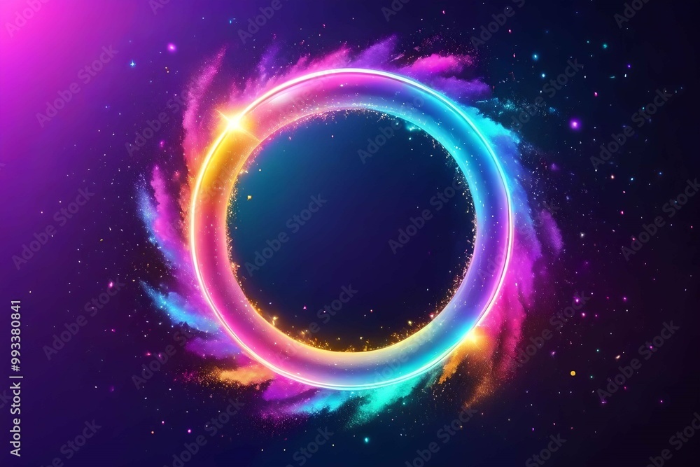 Fototapeta premium abstract pastel neon Star frame galaxy and space banner concept, circular ring light shining glowing sparkle effect dust explosion scatter bright neon background