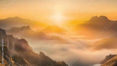 A dramatic sunrise over a misty mountain range, with the sun casting golden rays through the fog