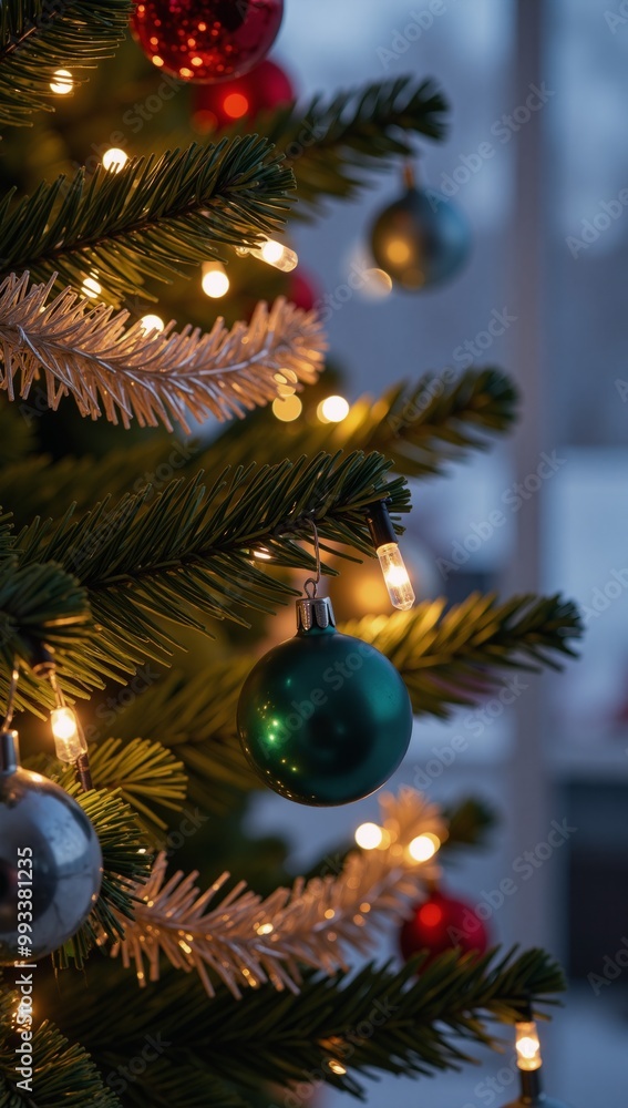 A digital illustration showcases an electronic Christmas tree adorned with glowing ornaments and twinkling lights A digital illustration showcases an electronic Christmas tree adorned with glowing ornaments and twinkling lights