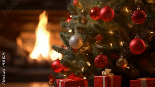 A christmas tree with decorations and gifts in front of a fireplace in blur