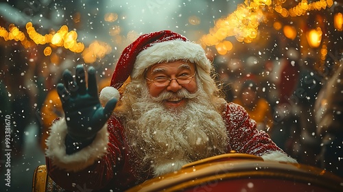 19. Santa Claus waving goodbye as he rides his sleigh through the snow-covered streets of a small, festively lit village