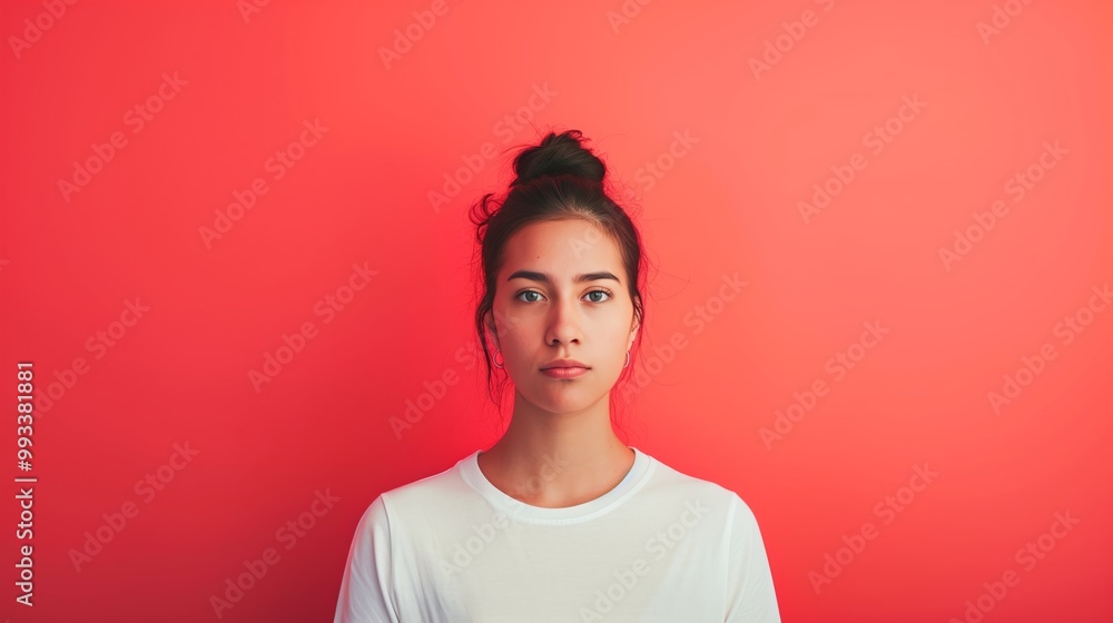 Woman in White Shirt Against Bright Red Background, Minimalist Portrait Photography, Calm Expression