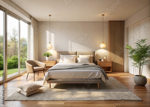 Soft morning light illuminates a serene bedroom with a plush carpet, minimalist furniture, and a comfortable bed adorned with crisp white linens and pillows. photo