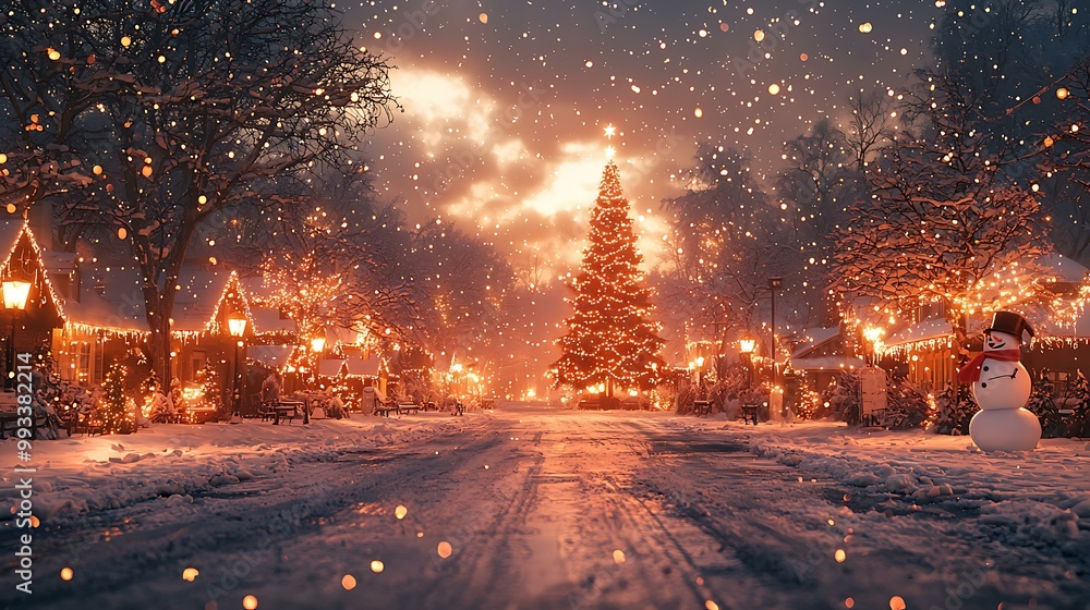6. Snow falling gently on a small town square with Christmas lights, a ...