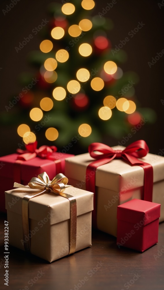A festive Christmas-themed 3D Illustration showcases stacks of gift boxes and twinkling bokeh lights A festive Christmas-themed 3D Illustration showcases stacks of gift boxes and twinkling bokeh lights