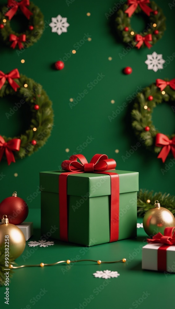 A festive 3D-rendered scene showcasing Christmas decorations against a green backdrop with a featured gift box A festive 3D-rendered scene showcasing Christmas decorations against a green backdrop with a featured gift box