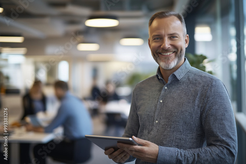 A man with a smile is holding a tablet. Other people are in the background