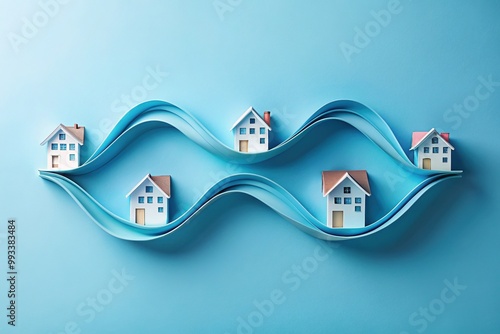 Stylized abstract wave formed by interconnected houses, symbolizing unity and harmony, set against a calming blue background with a modern, minimalist aesthetic. photo