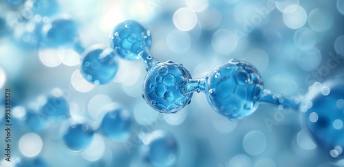 Molecular structures with bubbles on blue background. Concept of technology and science. 3d medical illustrations