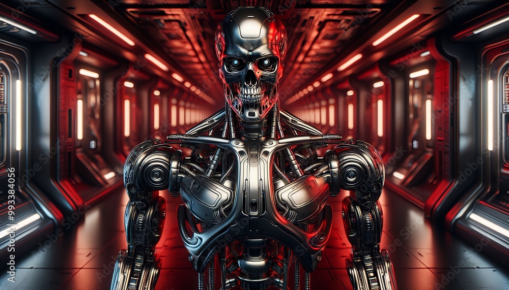 A menacing, cyborg-like figure stands in a dark, futuristic corridor. A menacing, cyborg-like figure stands in a dark, futuristic corridor.