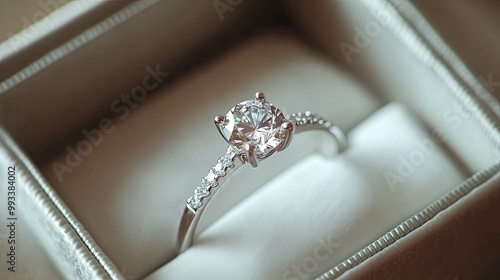 A close-up of a diamond ring in a satin-lined box, with intricate detail on the band and sparkling facets of the diamond visible.