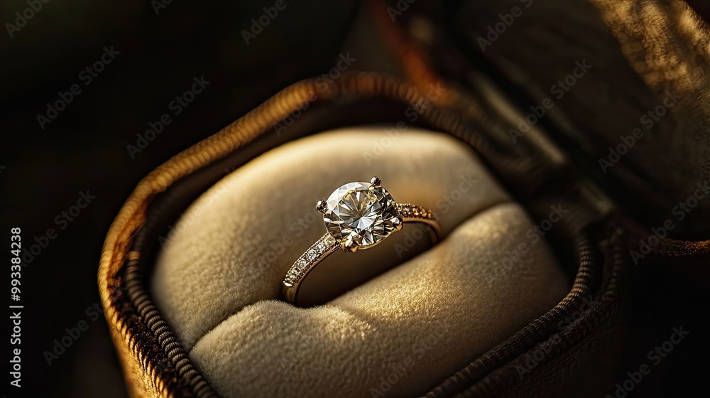 A close-up of a sparkling diamond ring inside an elegant velvet jewelry box, with soft light highlighting the stone's brilliance. A close-up of a sparkling diamond ring inside an elegant velvet jewelry box, with soft light highlighting the stone's brilliance.