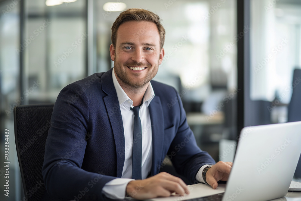 A man in a suit is sitting at a desk, smiling and looking at the camera. He's using a laptop A man in a suit is sitting at a desk, smiling and looking at the camera. He's using a laptop