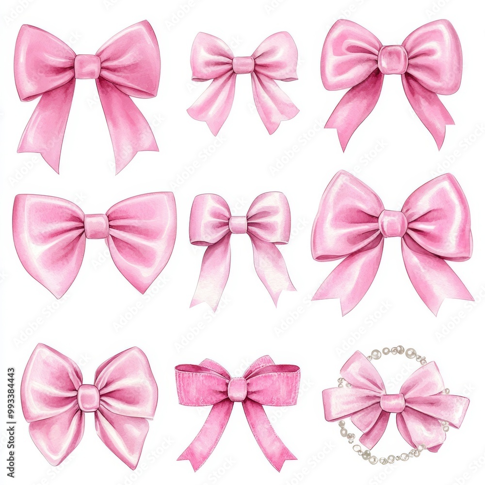 Watercolor illustration of the pink ribbon bow wreath isolated on a white background. Watercolor illustration of the pink ribbon bow wreath isolated on a white background.