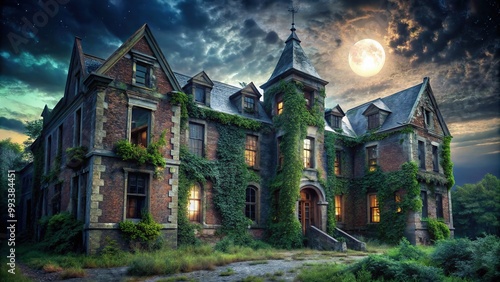 The abandoned asylum looms, its walls entwined with vines, shattered windows staring out like empty eyes, and creaking doors that seem to whisper secrets to the midnight air. photo