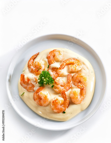 Creamy Shrimp Dish with Parsley Garnish on a White Plate