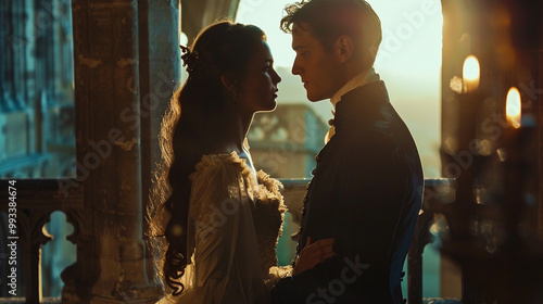 Silhouette of fairy tale princess and prince looking at each other on balcony.