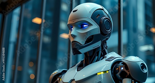 A solitary humanoid robot gazes out of a window, contemplating his existence in a world dominated by technology.
