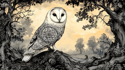 A serene owl perched on an ornate branch, its wings covered in complex mandala patterns, bathed in soft twilight. The background consists of intricate tree bark textures and flowing lines. photo