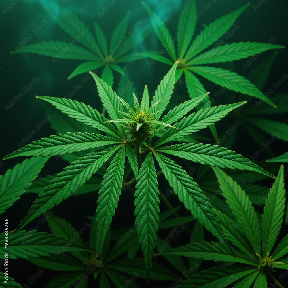Multicolored cannabis leaf illustration against an atmospheric green backdrop featuring smoke and ample white space for text or branding Multicolored cannabis leaf illustration against an atmospheric green backdrop featuring smoke and ample white space for text or branding