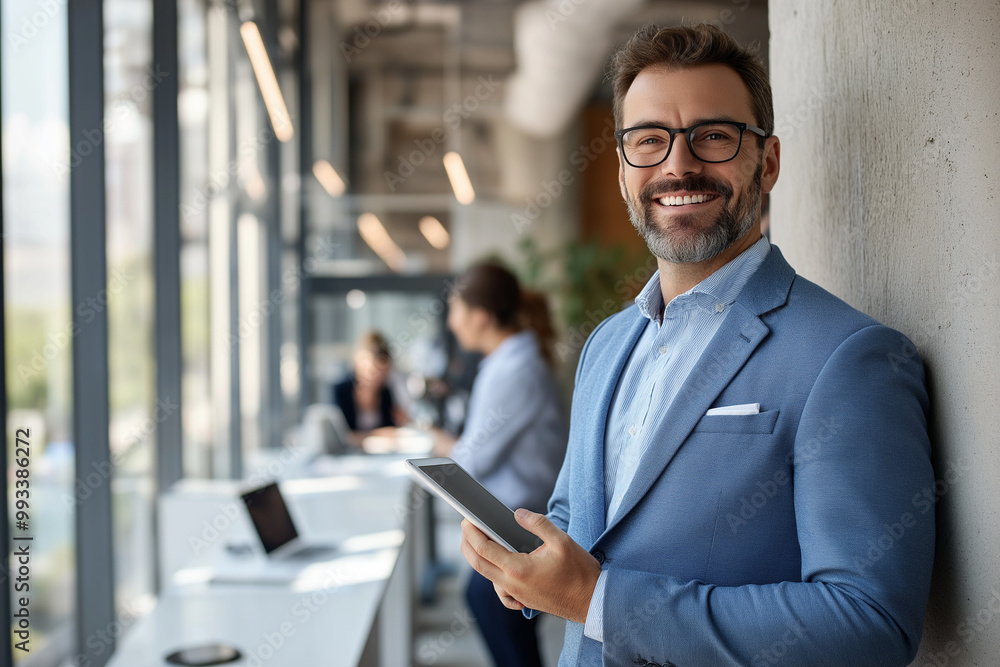 A smiling man in a light blue suit, holding a tablet, is leaning against a wall in an office. Several people are visible in the background A smiling man in a light blue suit, holding a tablet, is leaning against a wall in an office. Several people are visible in the background
