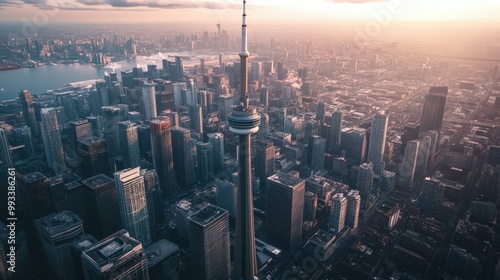 Aerial view of a cityscape with a prominent tower, with plenty of copy space in the surrounding sky