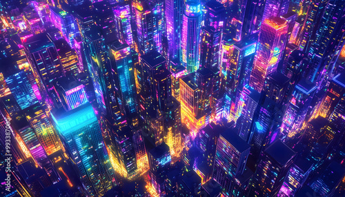 An aerial illustration of a city glowing with colorful lights
