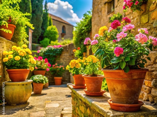 Tuscan terracotta pots cradle delicate pink and yellow blooms, surrounded by lush greenery and warm sunlight filtering through ancient stone walls in a serene Italian garden.