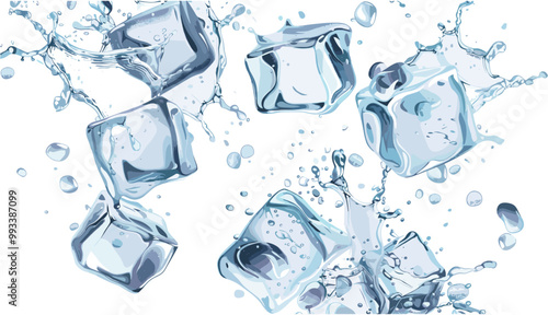 Fresh cold ice cubes splashing in transparent water, frozen ice crystal cubes, cooled liquid splatters, chilled drink ice cubes, clear ice cub, isolated on white background or PNG vector illustration.