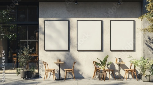 Empty cafe patio with three blank poster frames, wooden chairs and tables, plants.