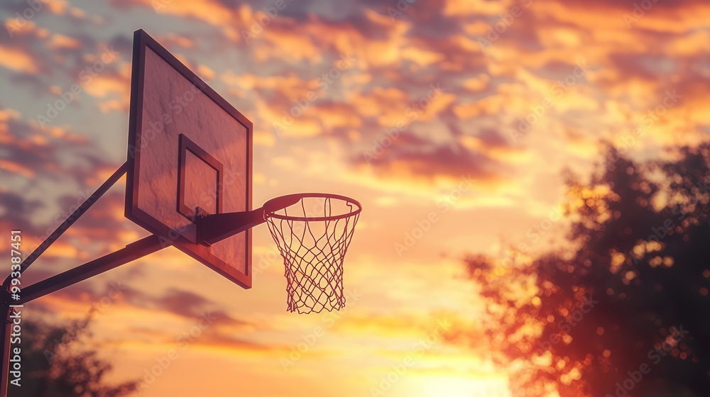 Serene Sunset Silhouette of Basketball Hoop - Nostalgic Ray Tracing Render with Warm Colors Serene Sunset Silhouette of Basketball Hoop - Nostalgic Ray Tracing Render with Warm Colors