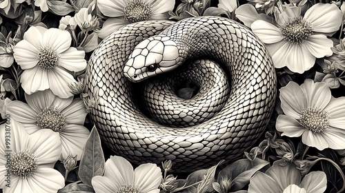 A snake coiling gracefully through a sea of wildflowers, its scales detailed with fine patterns. The sunlight filters through the petals, photo