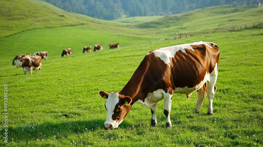 Brown and white cow grazing in a green pasture with rolling hills in the background. Brown and white cow grazing in a green pasture with rolling hills in the background.