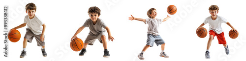 set of An elementary school boy is practicing basketball, a student is training in basketball, a boy is playing basketball, a child is practicing school basketball, on a transparent backgrounds