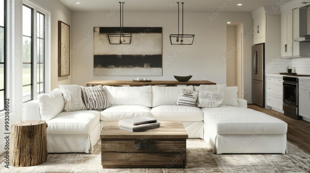 Modern living room with white sectional sofa, wooden coffee table and a large window. Modern living room with white sectional sofa, wooden coffee table and a large window.