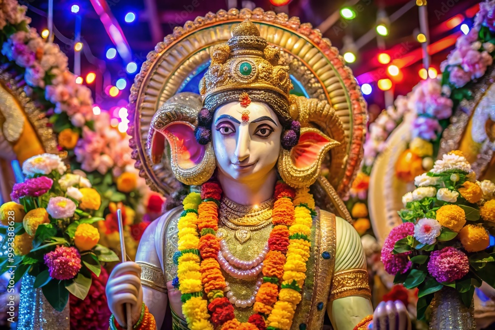 Fototapeta premium Majestic Ram Hindu God Statue Surrounded by Beautiful Floral Decorations and Colorful Lighting Effects