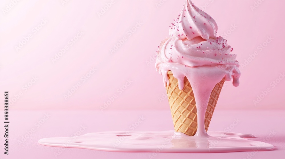 Melted pink ice cream cone with sprinkles on a pink background. Melted pink ice cream cone with sprinkles on a pink background.