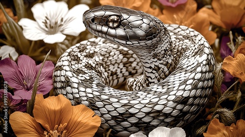 A snake with shimmering, detailed scales winding through a field of colorful wildflowers. The flowers gently sway in the breeze, photo