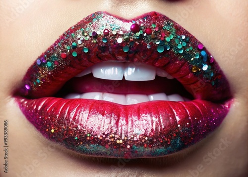Vibrant red lipstick coats her lips, then bursts forth with sparkling glitter, as if the colors have merged into a dazzling, edible work of art.