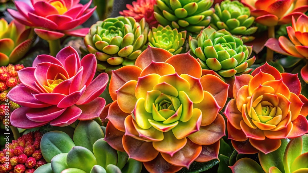 Vibrant succulent arrangement displays diverse kalanchoe varieties, presenting delicate petals in shades of pink, yellow, and orange, alongside intricate leaf patterns in matching hues. Vibrant succulent arrangement displays diverse kalanchoe varieties, presenting delicate petals in shades of pink, yellow, and orange, alongside intricate leaf patterns in matching hues.