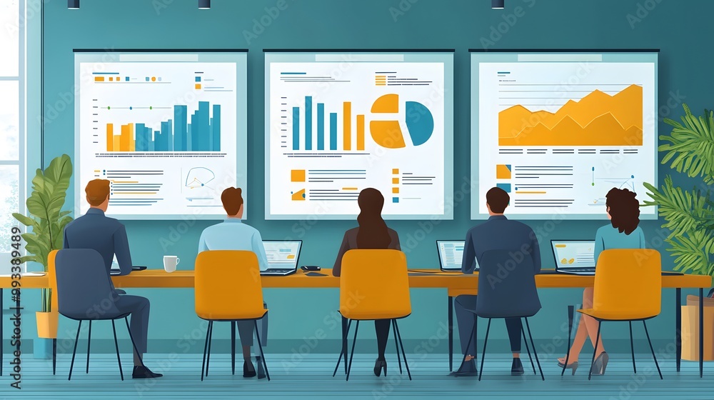 Online presentation in a business meeting with charts and diagrams on screen, vector style Online presentation in a business meeting with charts and diagrams on screen, vector style
