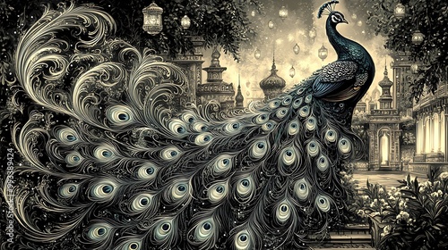 A stunning abstract peacock with swirling, flowing tail feathers of rich blues and greens, standing in a royal courtyard. The background features intricate architectural designs and soft, photo