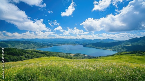 A peaceful summer afternoon on Kurumayama Plateau, with a gentle breeze and a clear view of Lake Shirakaba shimmering beneath a bright sky. photo