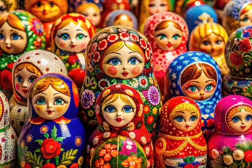 Vibrant Russian dolls, adorned with intricate patterns and bright hues, stand tall, a testament to Slavic culture's rich heritage and storied traditions. photo